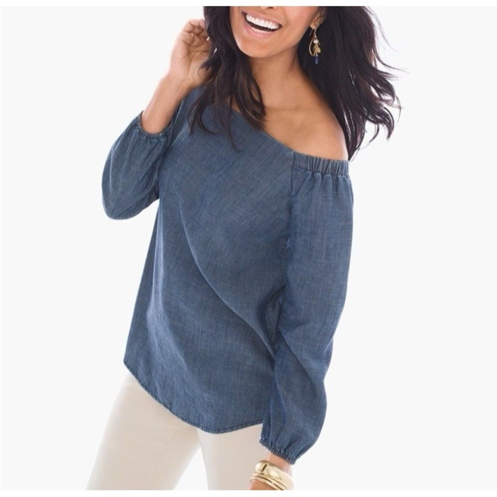 Chico's Linen Blend Peasant Top‎ Chambray Large Off Shoulder Long Sleeve Denim